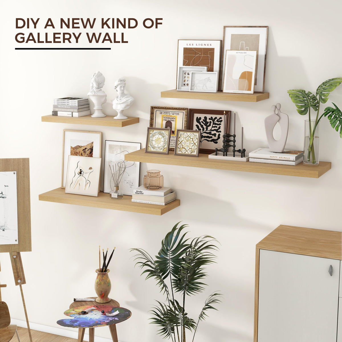 Venusmiles 24-inch oak shelves in use, showcasing books and decor