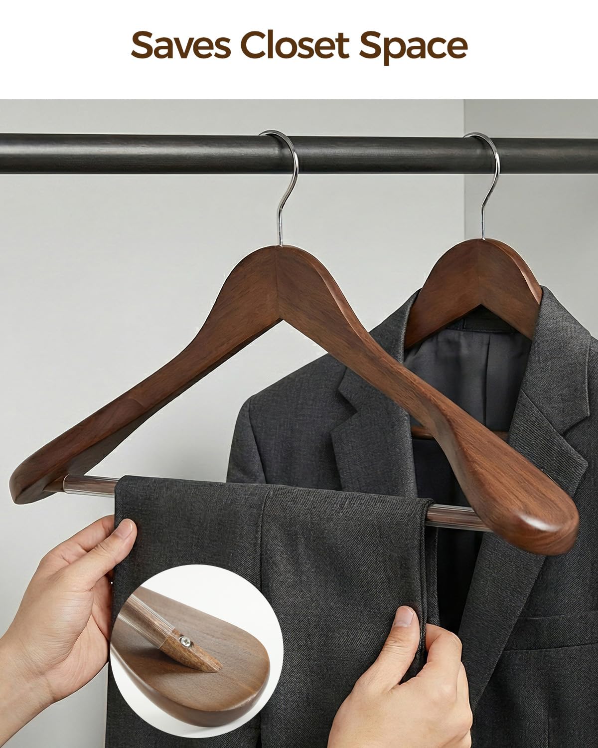 Verahaus hanger featuring a 360-degree swivel hook for easy access in any closet.