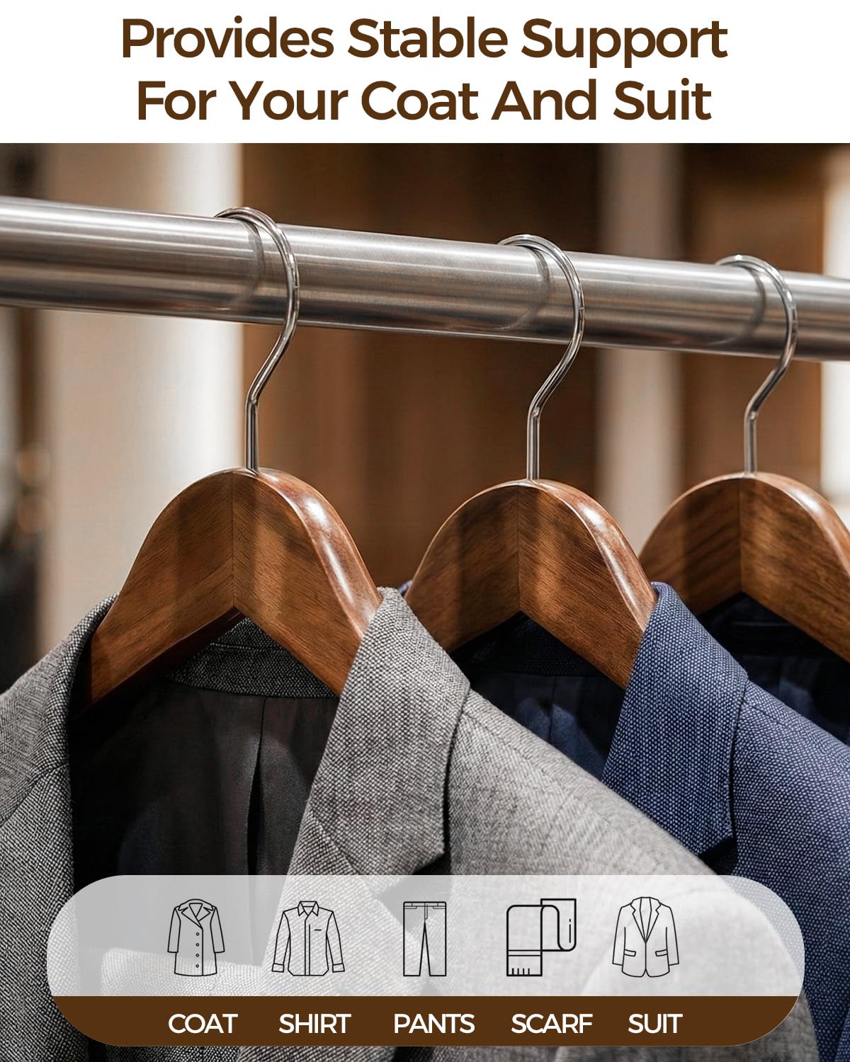 Verahaus six-pack set of premium wooden hangers for organized wardrobes.
