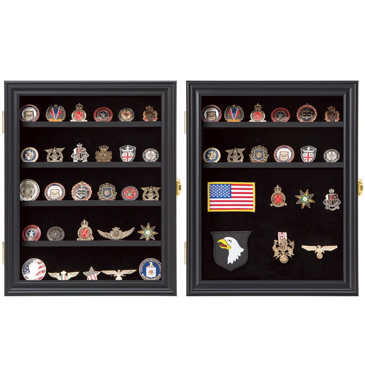 Interior view showing removable shelves for varied coin and badge sizes.