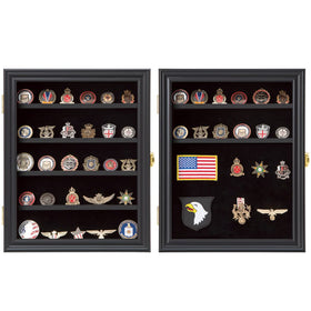 Interior view showing removable shelves for varied coin and badge sizes.