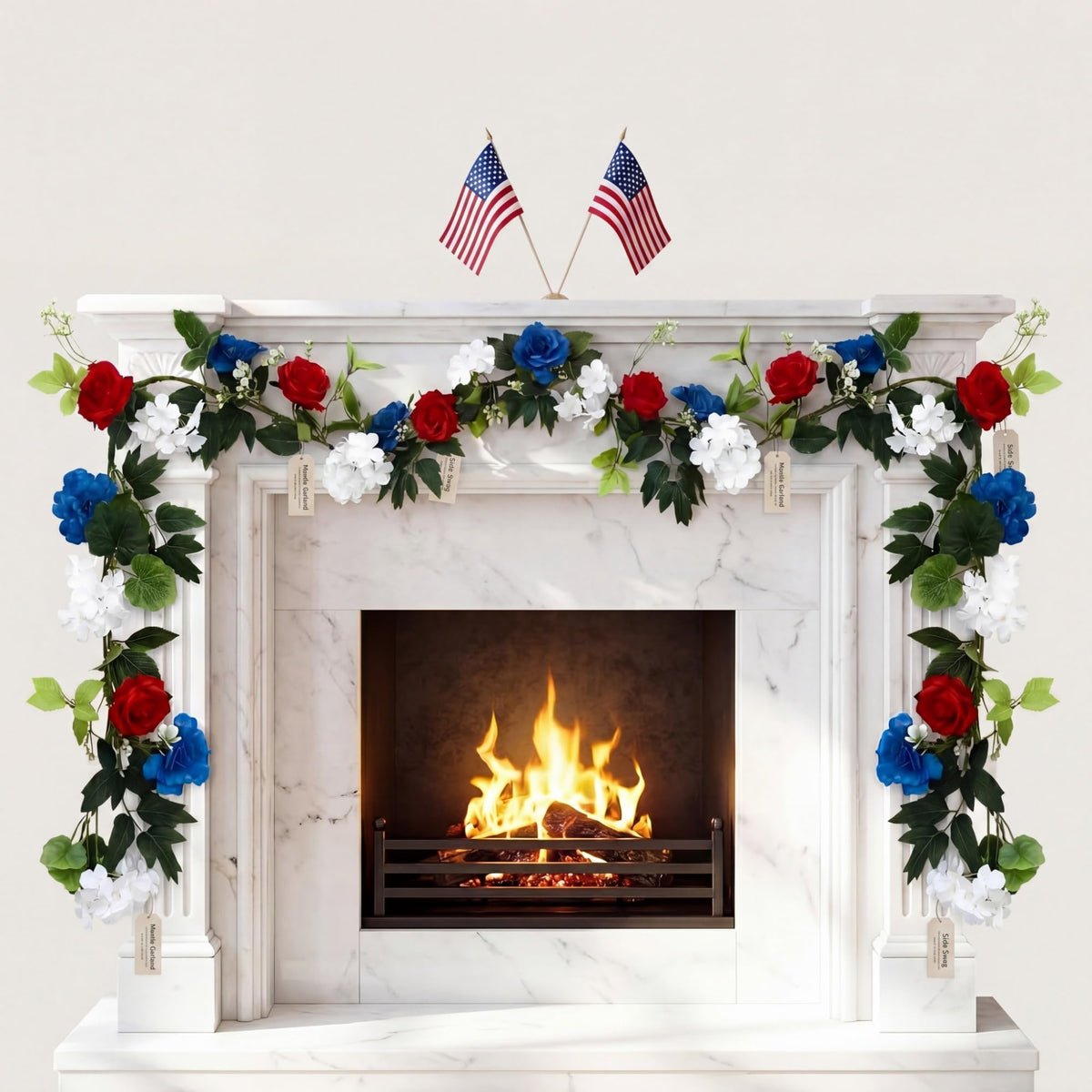 VercanMonth 5ft red white blue flower garland with lights on mantel for festive display.