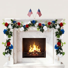 VercanMonth 5ft red white blue flower garland with lights on mantel for festive display.