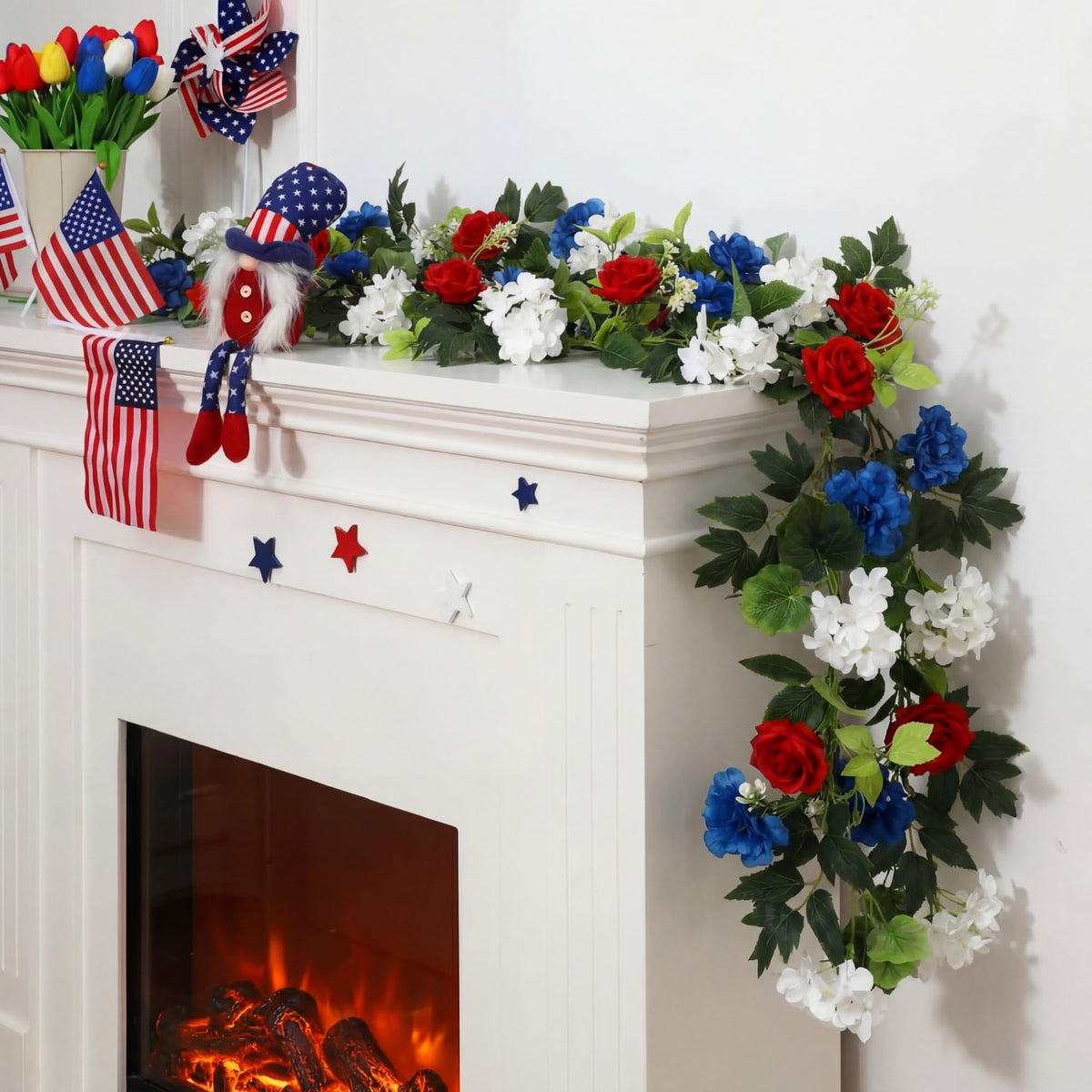 VercanMonth garland wrapped around a stair rail for a warm patriotic accent.