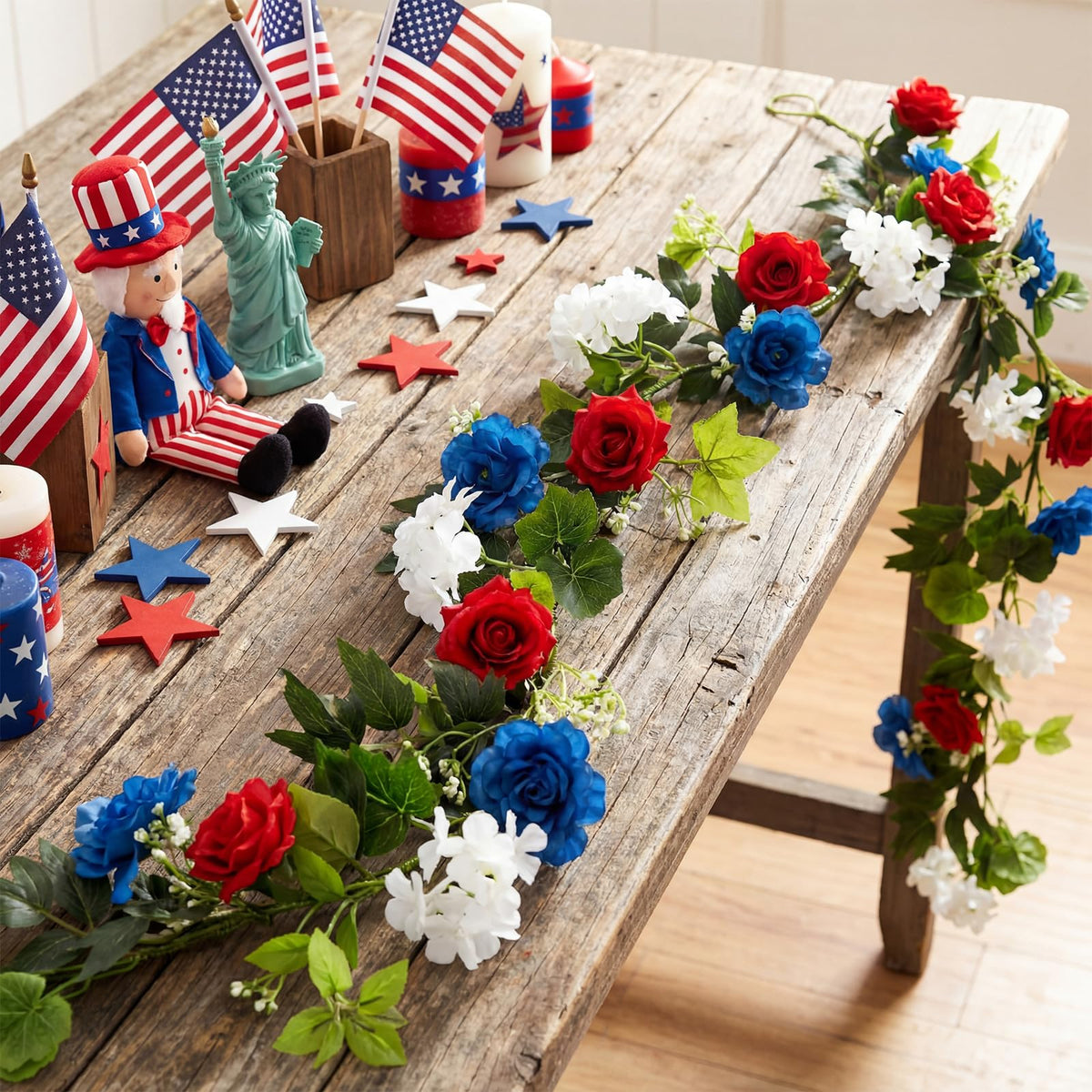 VercanMonth patriotic decoration ideas for table centerpiece and mantel styling.