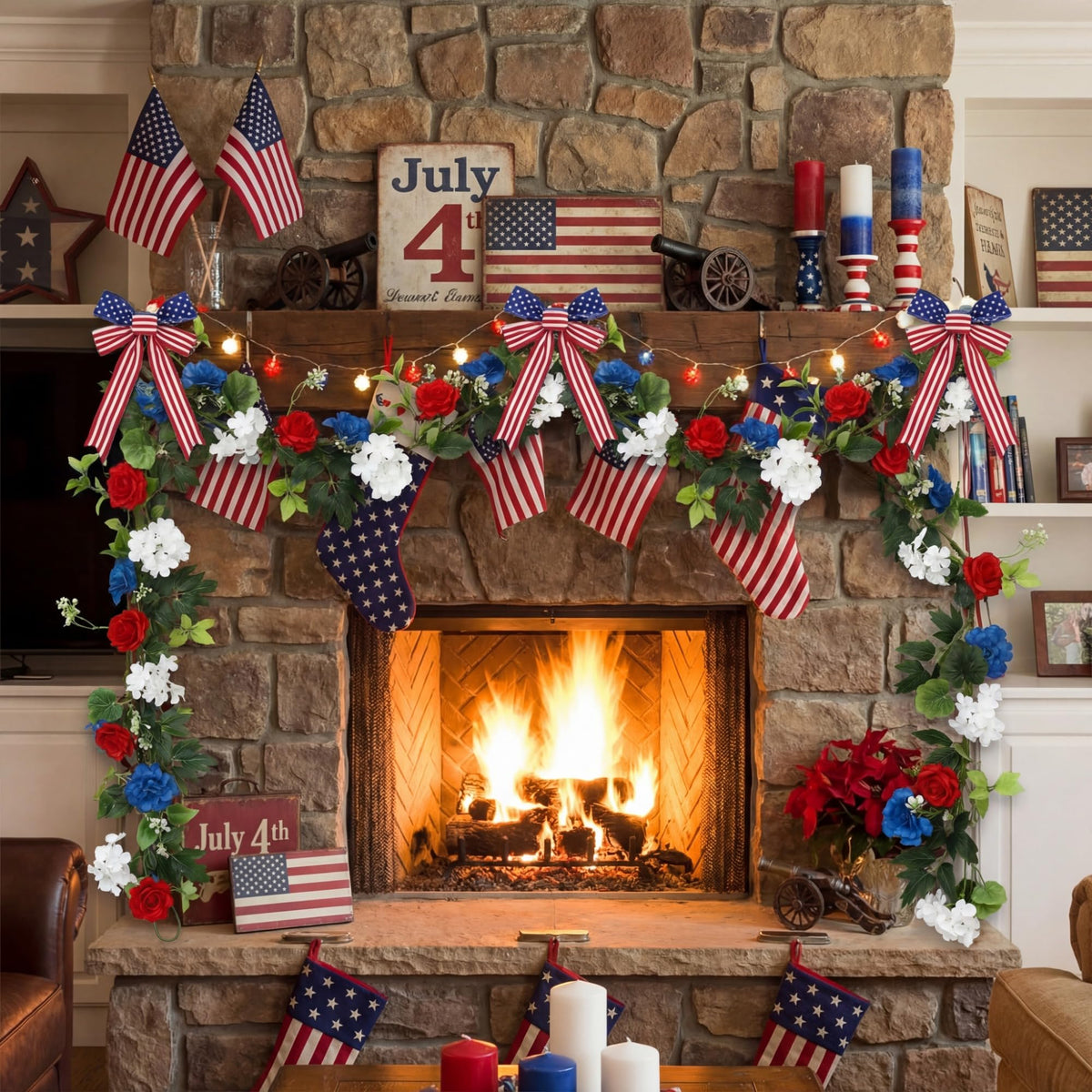 VercanMonth table centerpiece with garland for 4th of July dining.