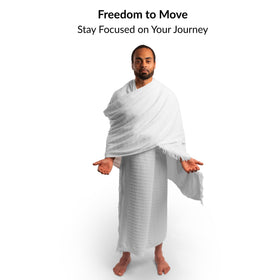 Vereeo Premium Men's Ihram Set worn by a pilgrim for full-coverage comfort