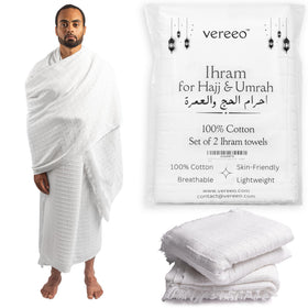Vereeo Premium Men's Ihram Set: two white towels flatlay for Hajj or Umrah comfort