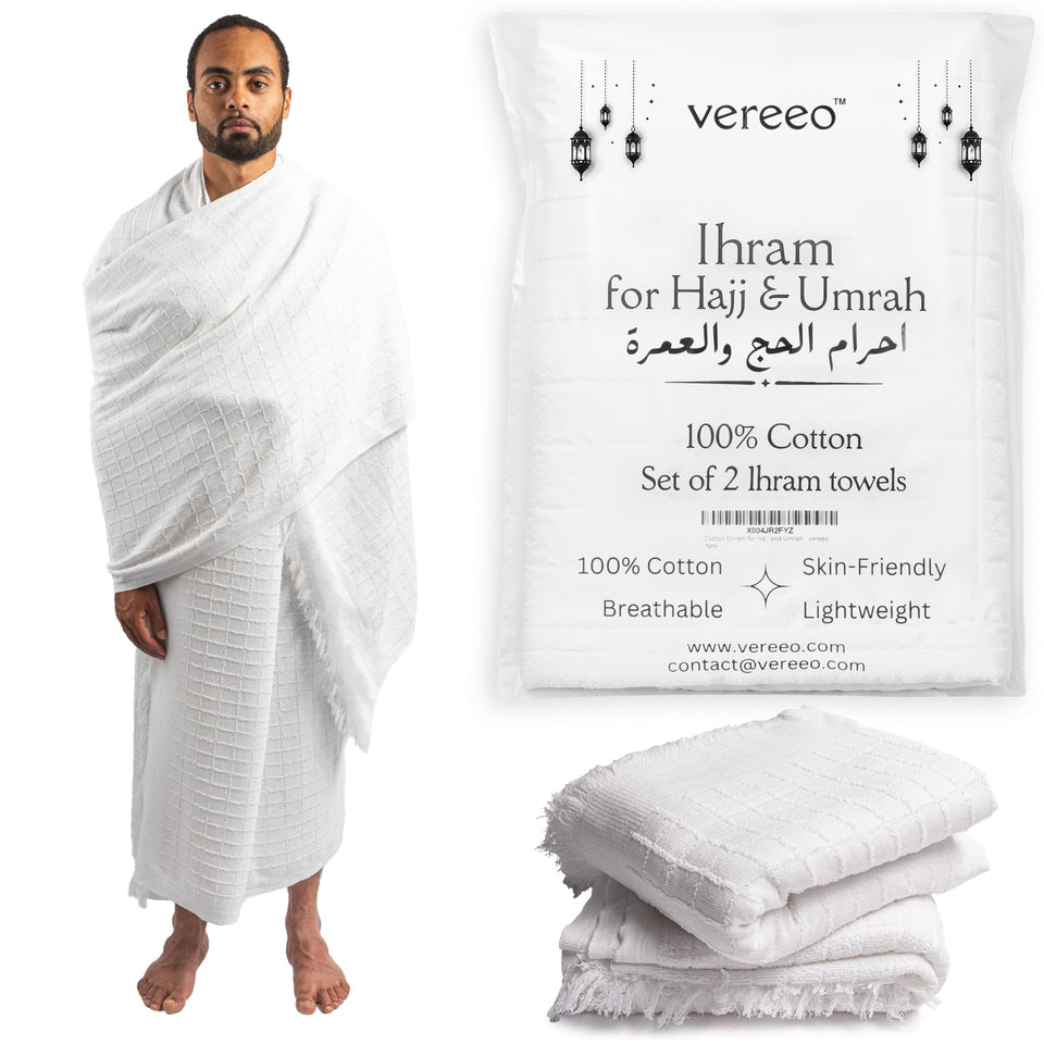 Vereeo Premium Men's Ihram Set: two white towels flatlay for Hajj or Umrah comfort