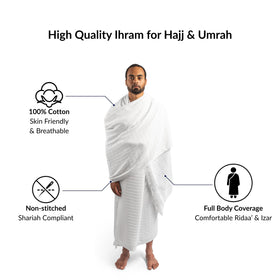 Vereeo Premium Men's Ihram Set white towels closeup cotton texture emphasizing softness