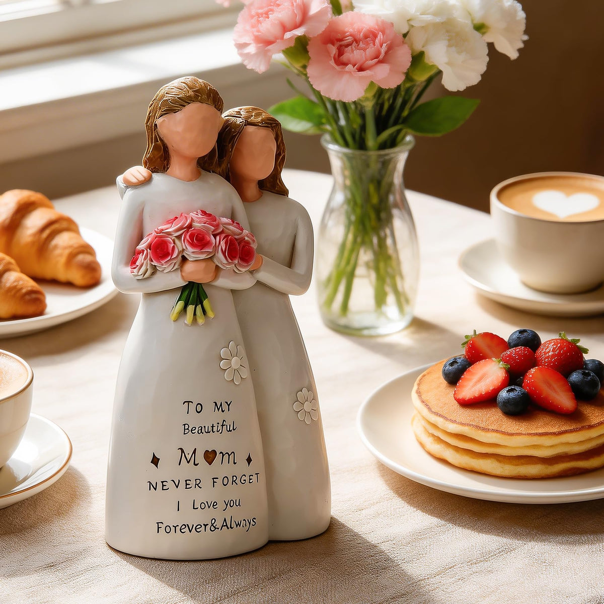 Veroola mother-daughter statue highlighting heart and flower motifs for decor.