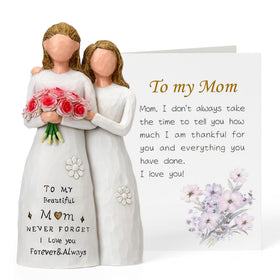 Veroola mom-daughter sculpture showing a tender embrace with floral details.