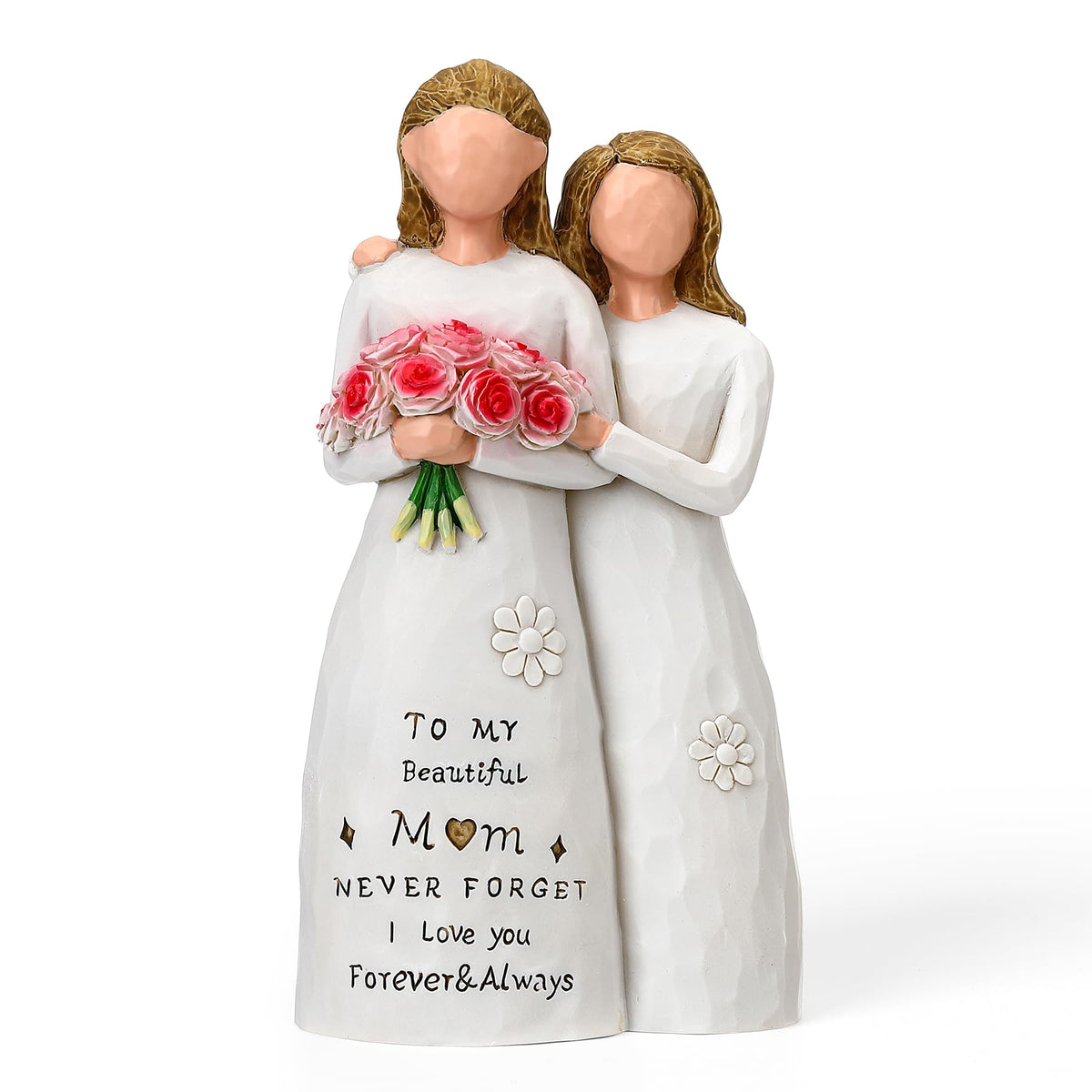 Veroola mom-daughter sculpture in cream dresses displayed on a shelf, warm and inviting.