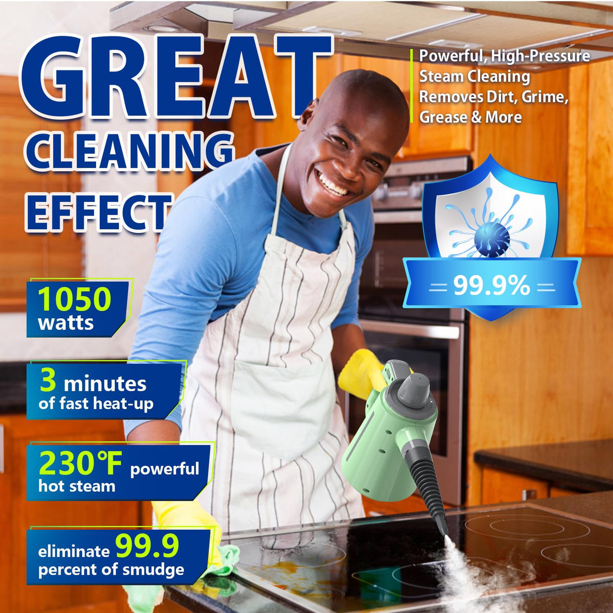 VeRosky steam cleaner close-up shows high pressure steam dissolving grime