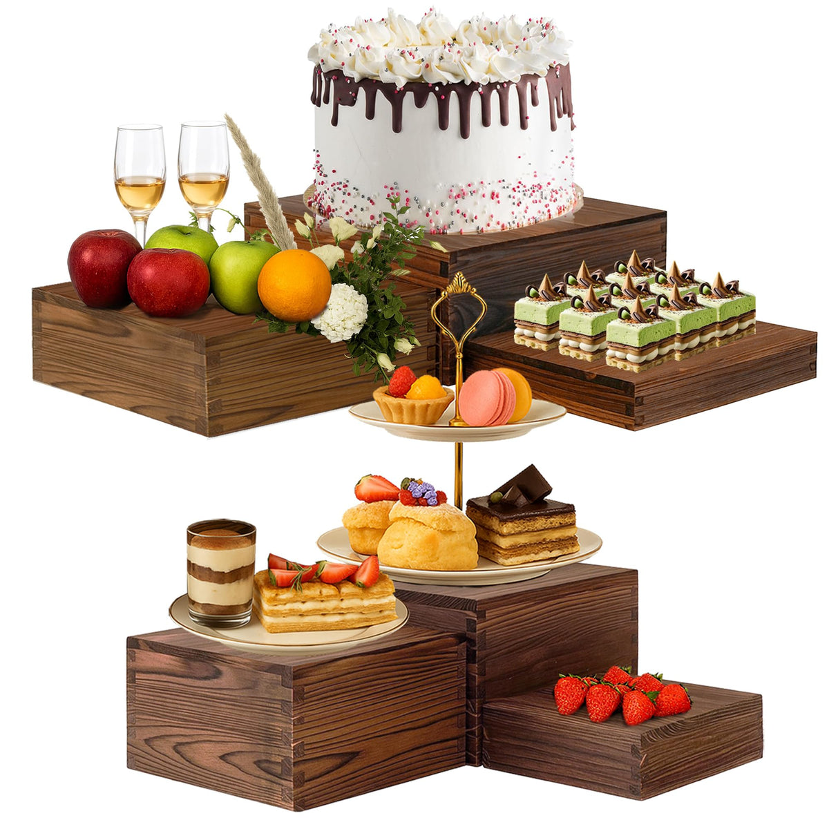 Verssure 6-piece wood risers display set elevates desserts with multi-height tiers