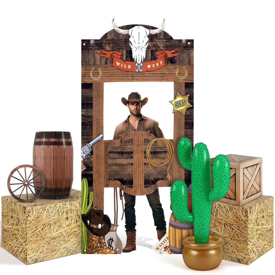 Vertintong western backdrop 5.9x3 ft sets the stage for a vivid rodeo party scene.