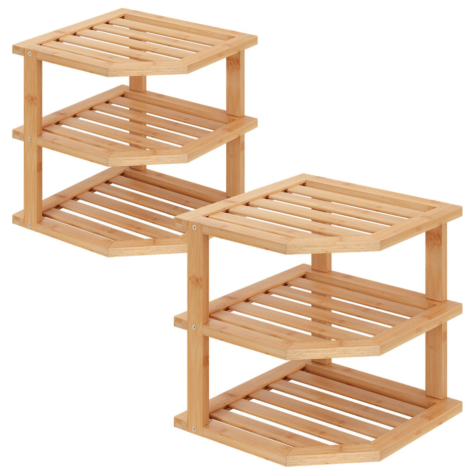 VERTORGAN 3-tier bamboo corner shelf top view for space-saving storage.