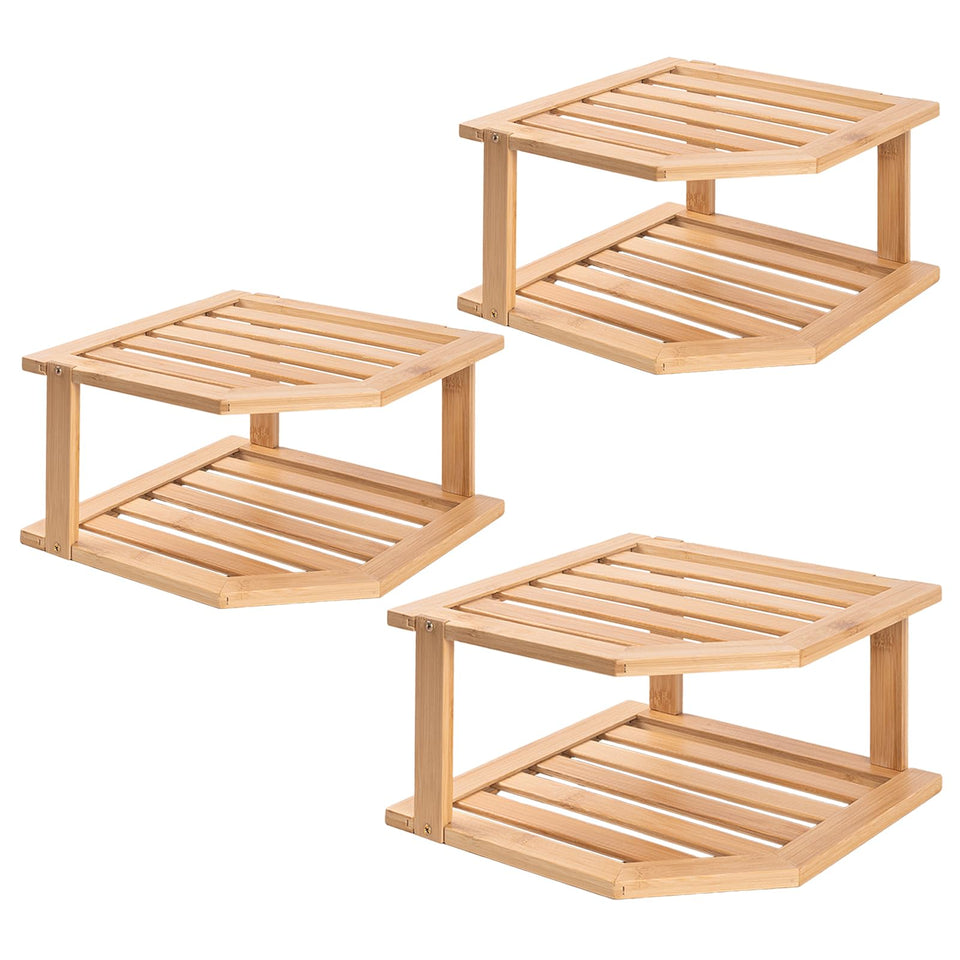 VERTORGAN bamboo corner shelf 3-pack for cabinet storage.