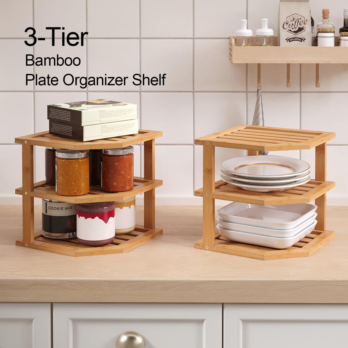 VERTORGAN plate organizer on corner shelf for organized plates.