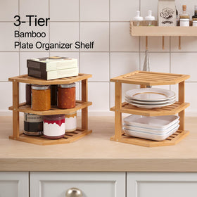 VERTORGAN plate organizer on corner shelf for organized plates.