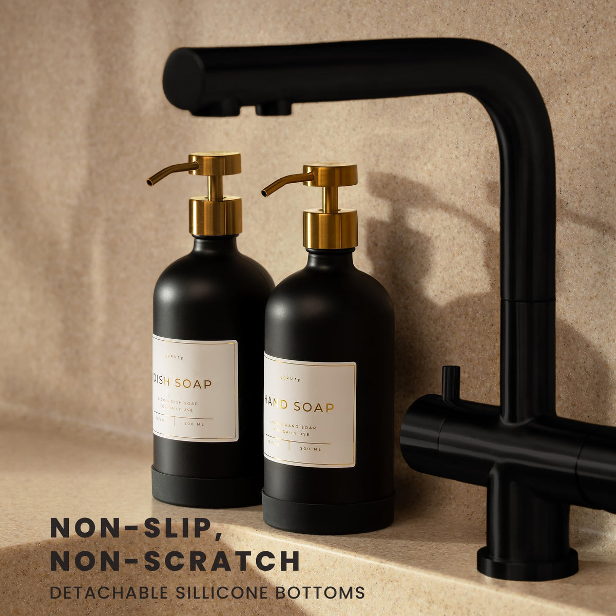Verute 16-oz amber glass bottles ready for easy refills and stylish display.