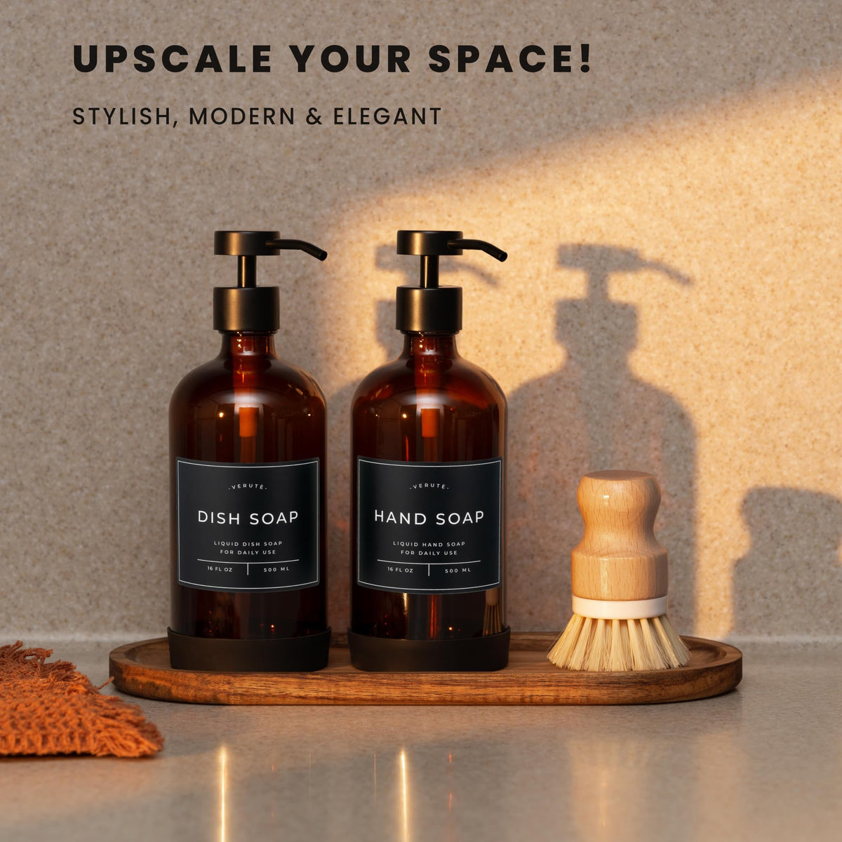 Verute 16oz amber glass bottle set for soap or lotion use.