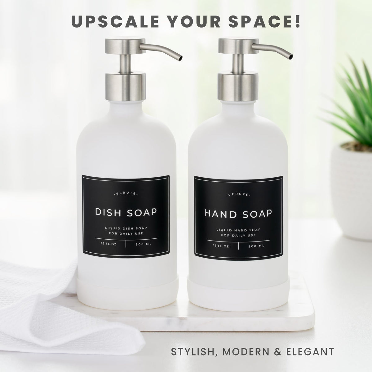 Verute amber glass Boston round bottles add an elegant touch to spaces.