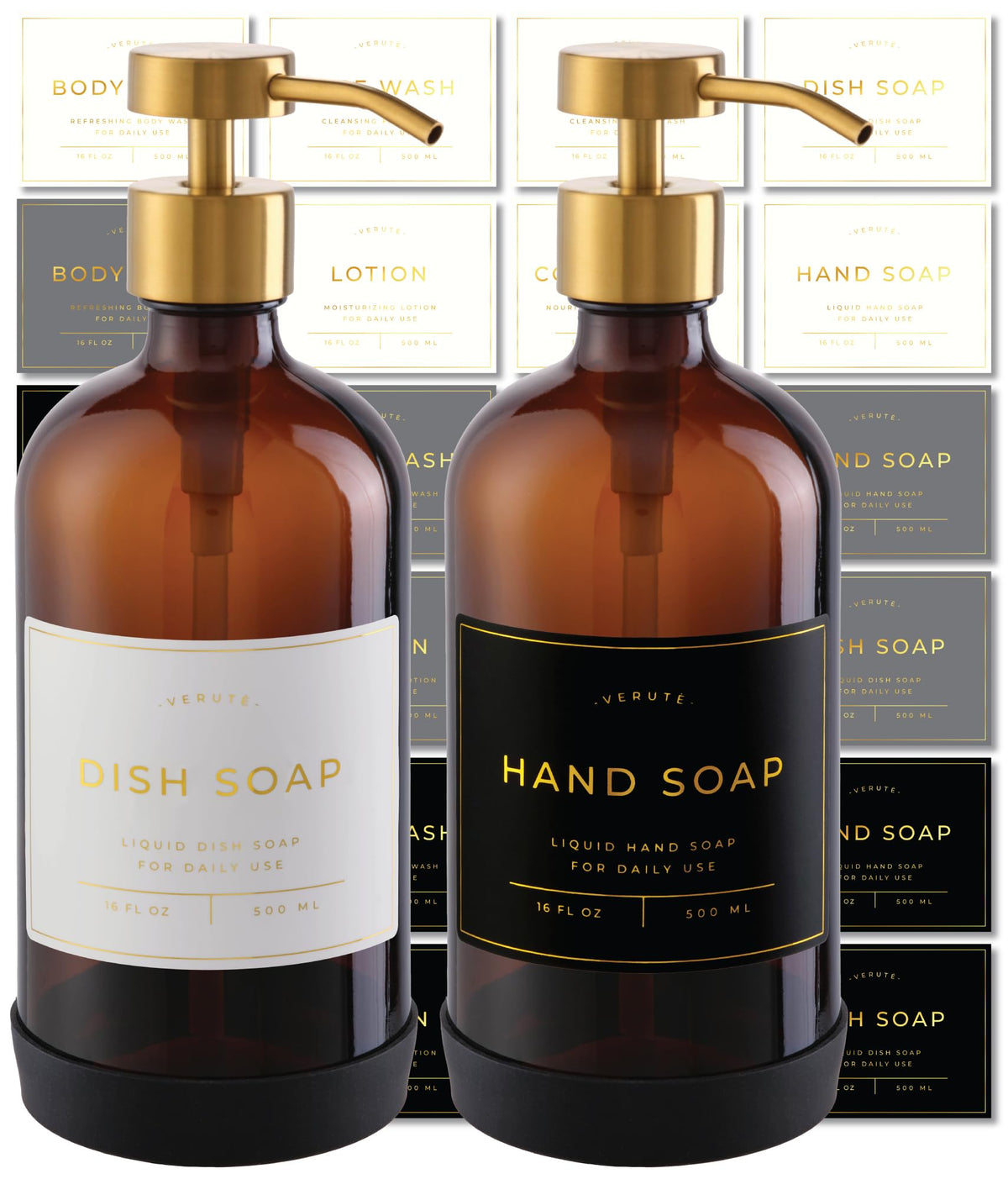 Verute amber glass bottle with pump set for organized, easy soap dispensing.