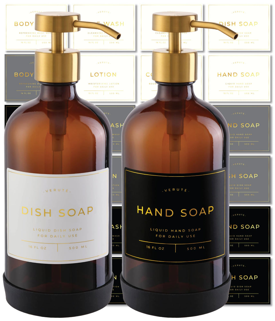 Verute amber glass bottle with pump set for organized, easy soap dispensing.