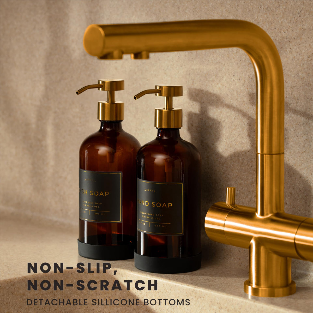 Verute brushed gold pump close-up adds luxe detail to any sink.