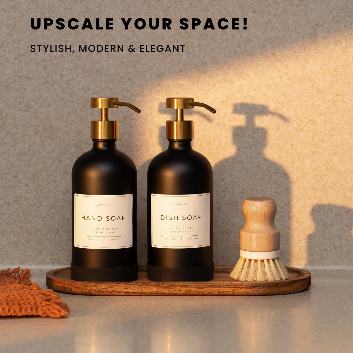 Verute brushed gold pump on a bottle for smooth, single-press dispensing.