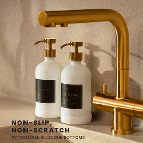 Verute amber glass bottles feature brushed gold pumps for easy dispensing