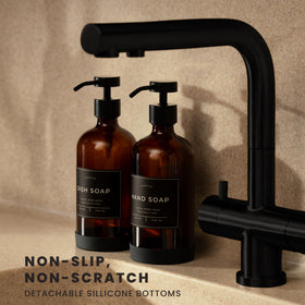 Verute dish soap dispenser in amber glass for organized kitchen tasks.
