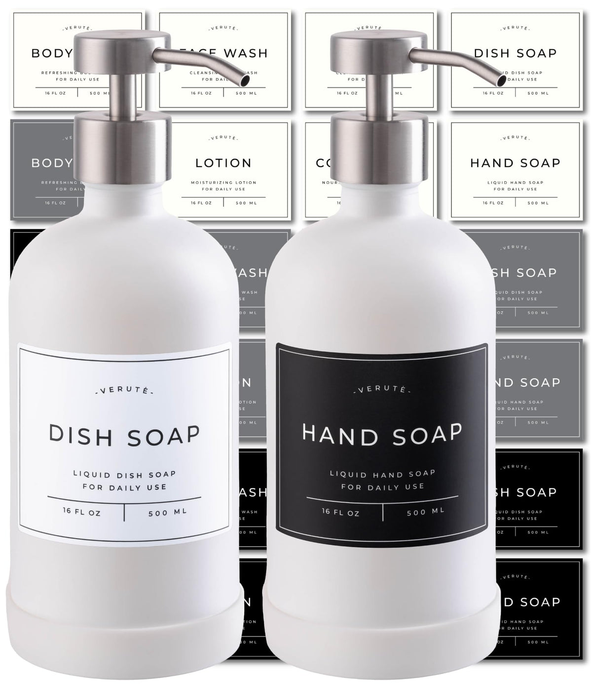 Verute hand and dish soap dispenser set with 16oz glass bottles for organized sinks.