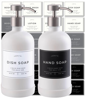 Verute hand and dish soap dispenser set with 16oz glass bottles for organized sinks.