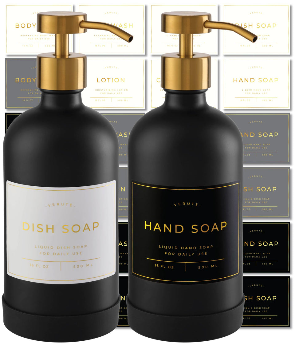 Verute hand and dish soap dispenser set with two amber glass bottles on a clean, organized counter.