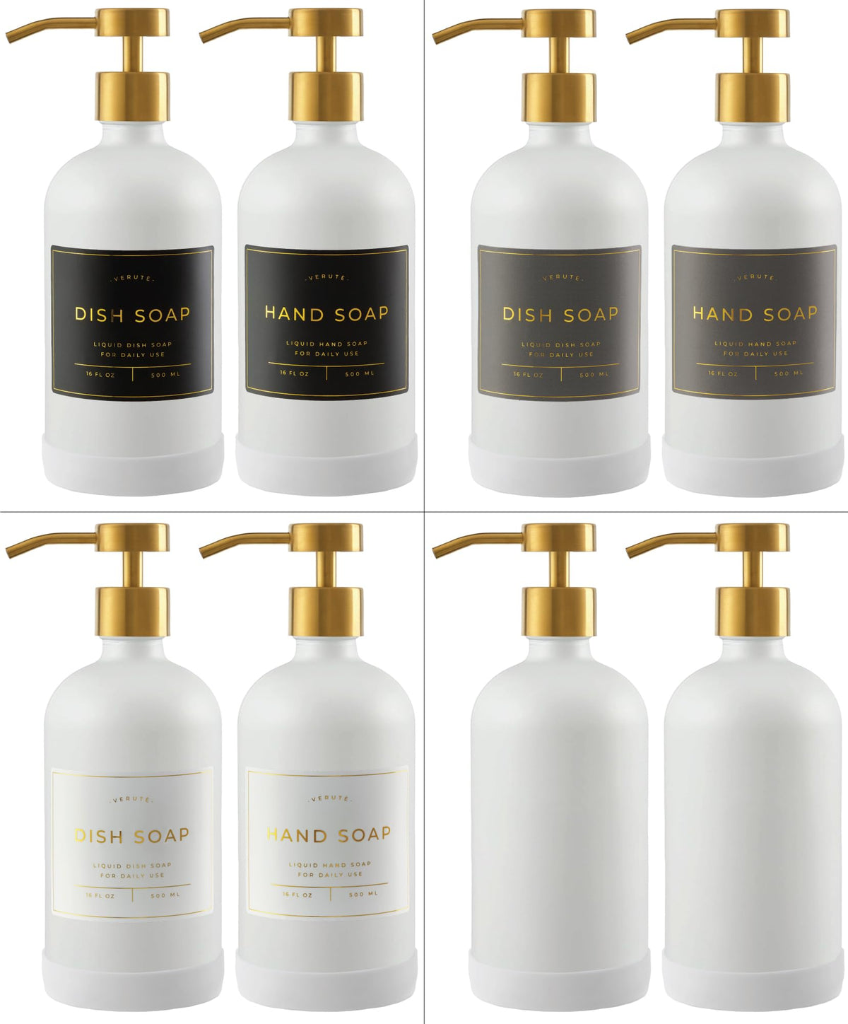 Verute kitchen and bathroom setup with amber glass dispensers for neat organization