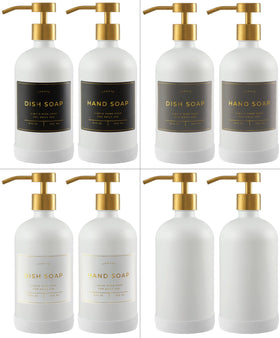 Verute kitchen and bathroom setup with amber glass dispensers for neat organization