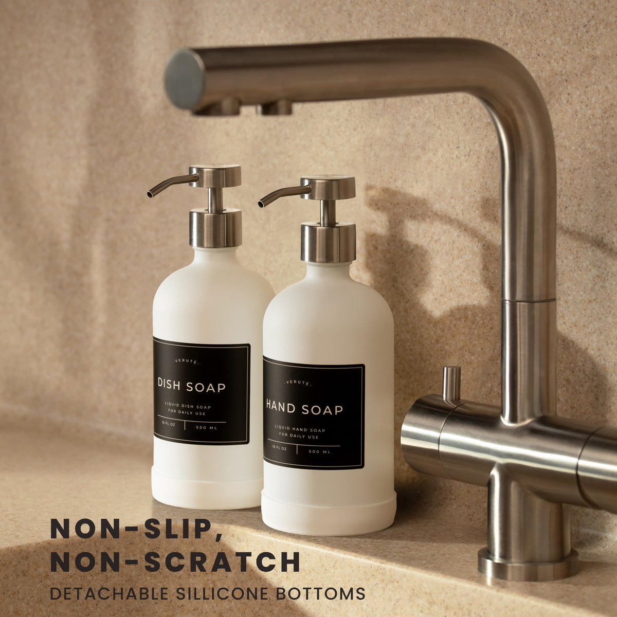 Verute stainless steel pumps provide smooth, controlled dispensing for kitchen and bathroom.