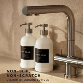 Verute stainless steel pumps provide smooth, controlled dispensing for kitchen and bathroom.