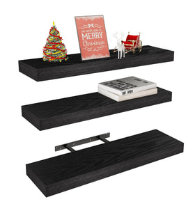 Vervida black floating shelves on wall with 24-inch length for organized display.