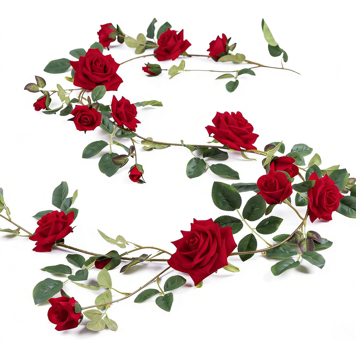 Veryhome rose vine garland close-up showing lifelike red silk roses.