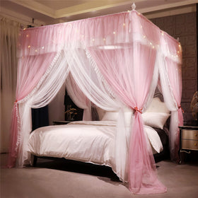 VETHIN princess bed canopy with pink-white ruffles creates a dreamy princess atmosphere
