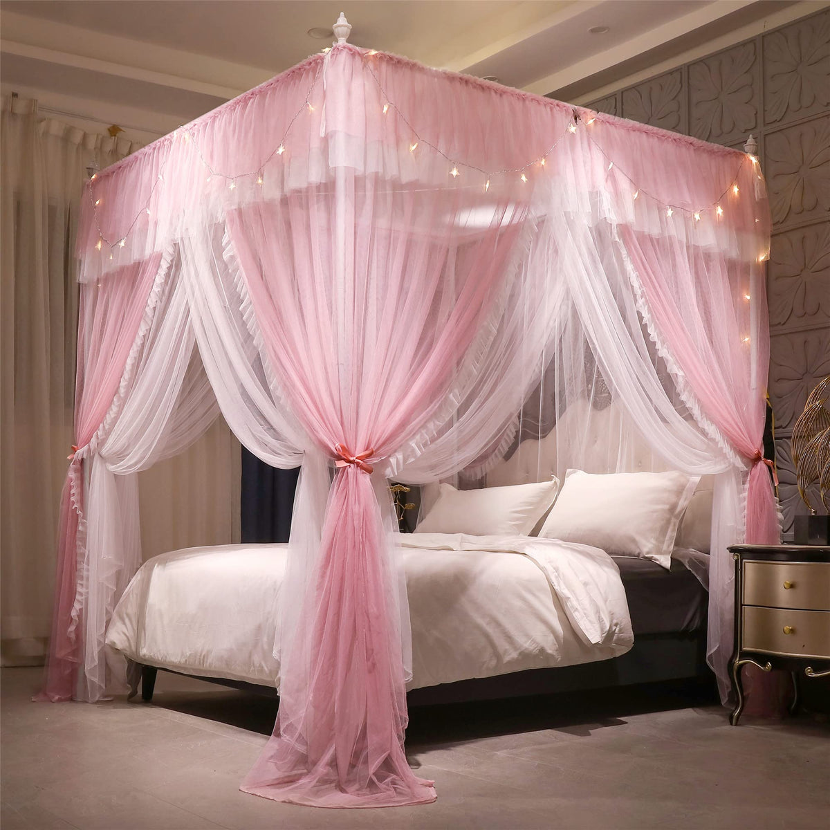 VETHIN princess bed canopy with ruffle top in pink and white for a dreamy bedroom.