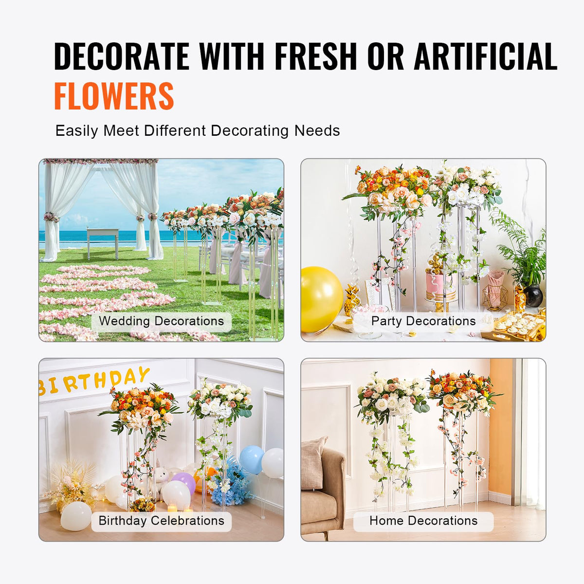 VEVOR acrylic column stands complement tables and reception backgrounds.