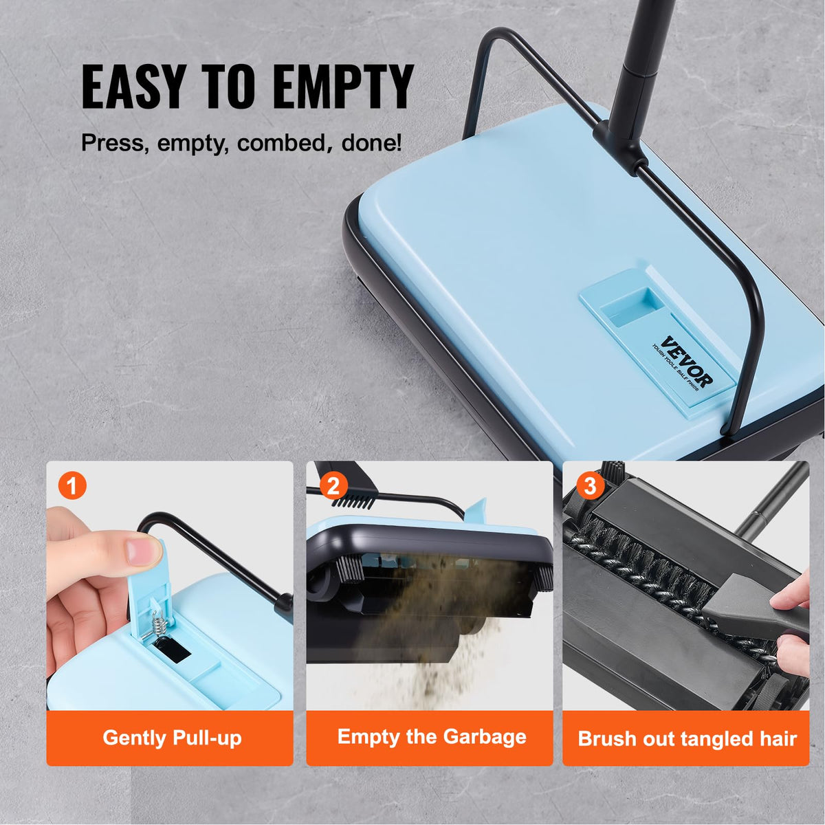 VEVOR carpet sweeper 180-degree head, reach under sofas and beds.
