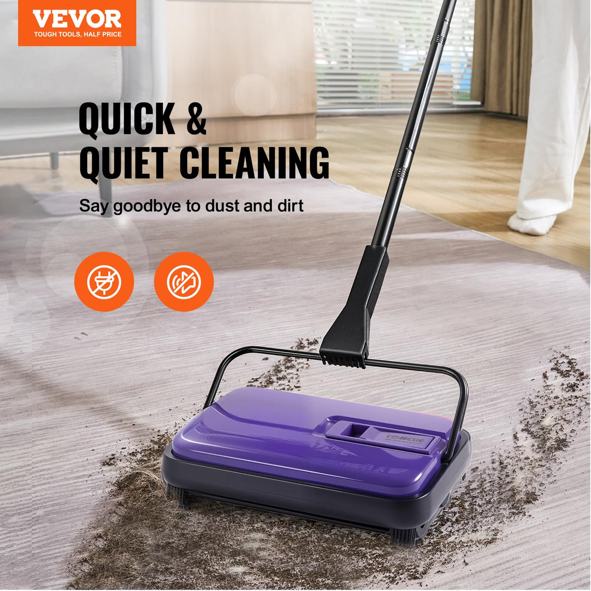 VEVOR Carpet Sweeper dustbin open demonstrates mess-free emptying.