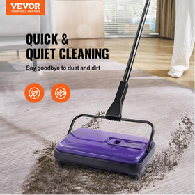 VEVOR Carpet Sweeper dustbin open demonstrates mess-free emptying.