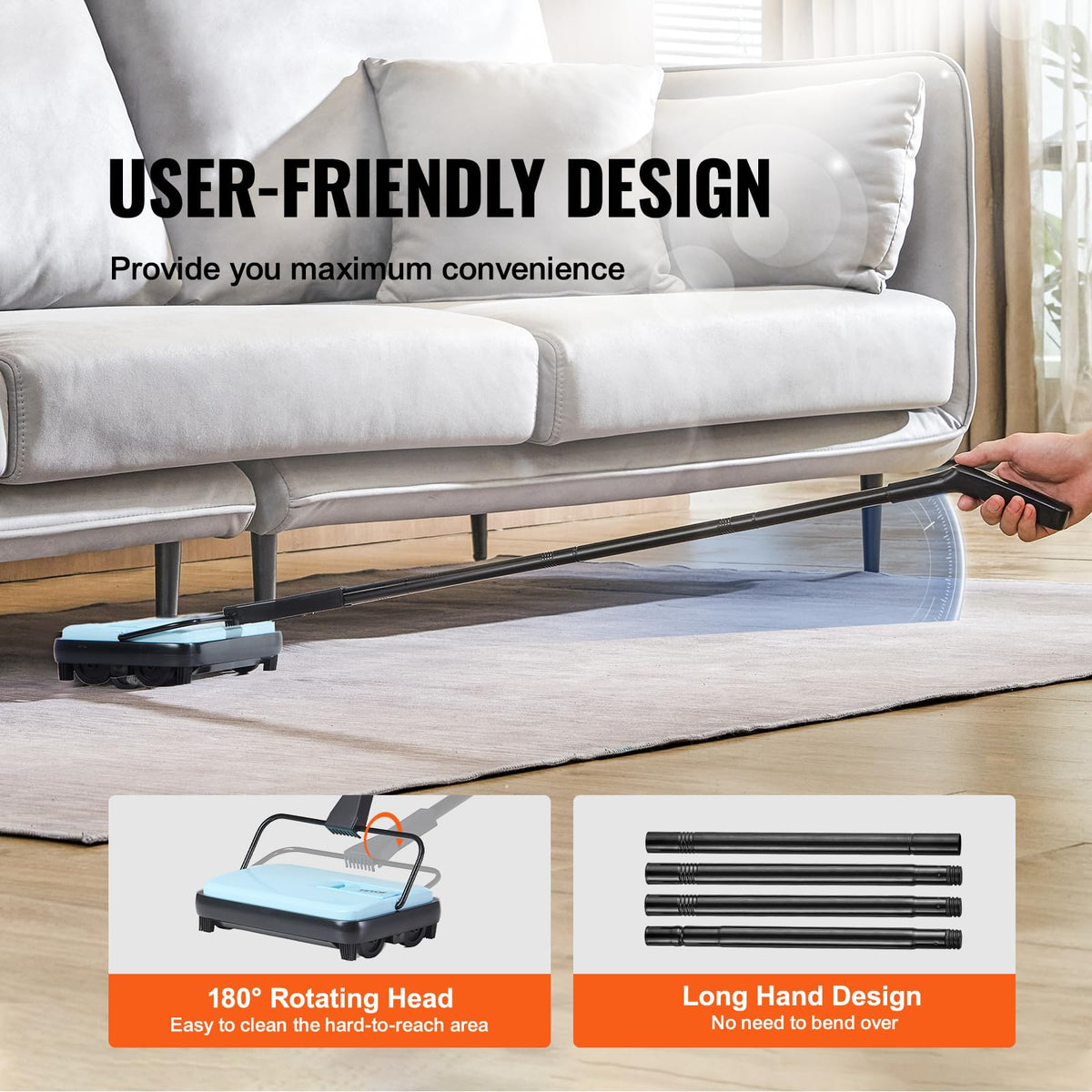 VEVOR carpet sweeper easy-emptying clasp, hands-clean disposal.