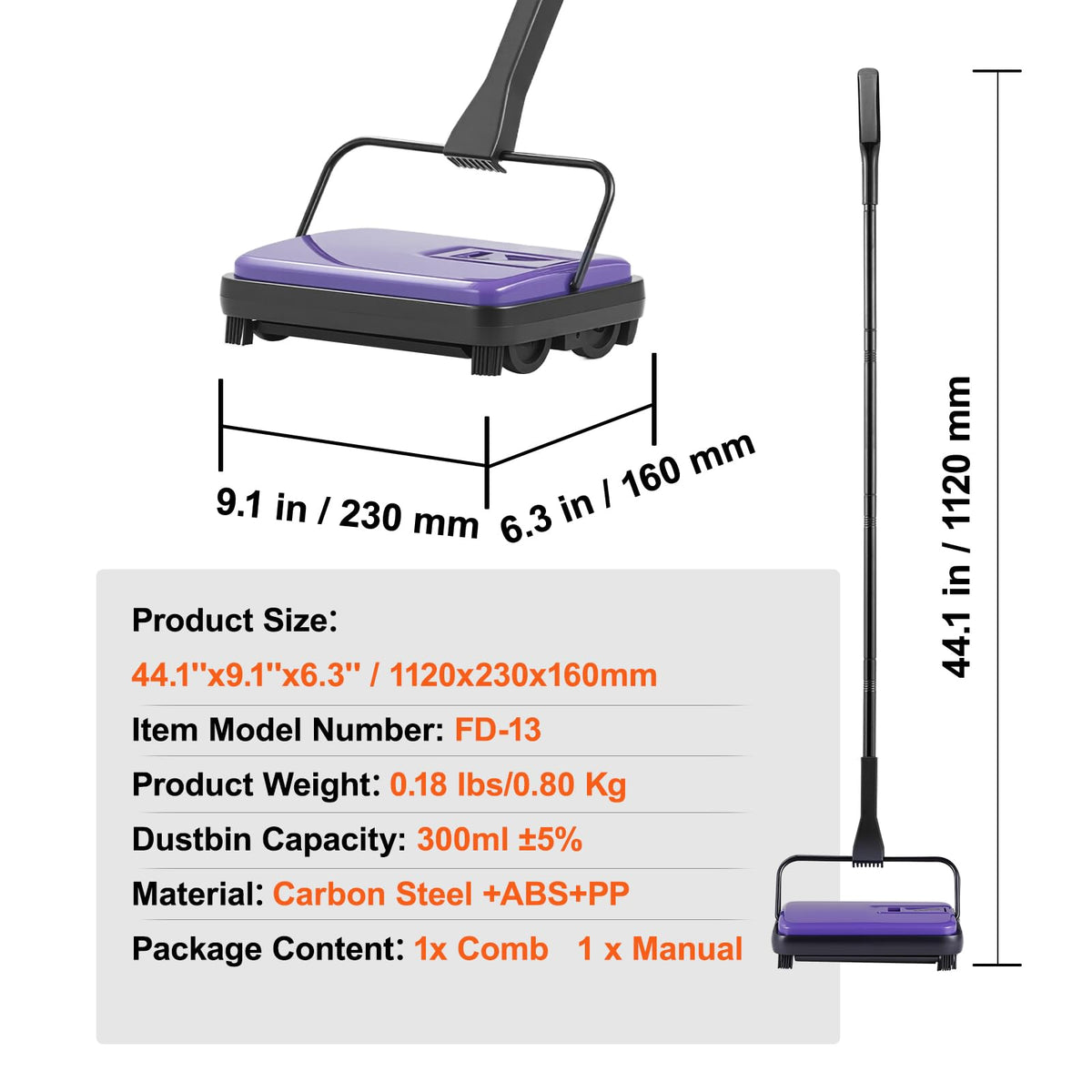 VEVOR Carpet Sweeper includes hair removal comb for maintenance.